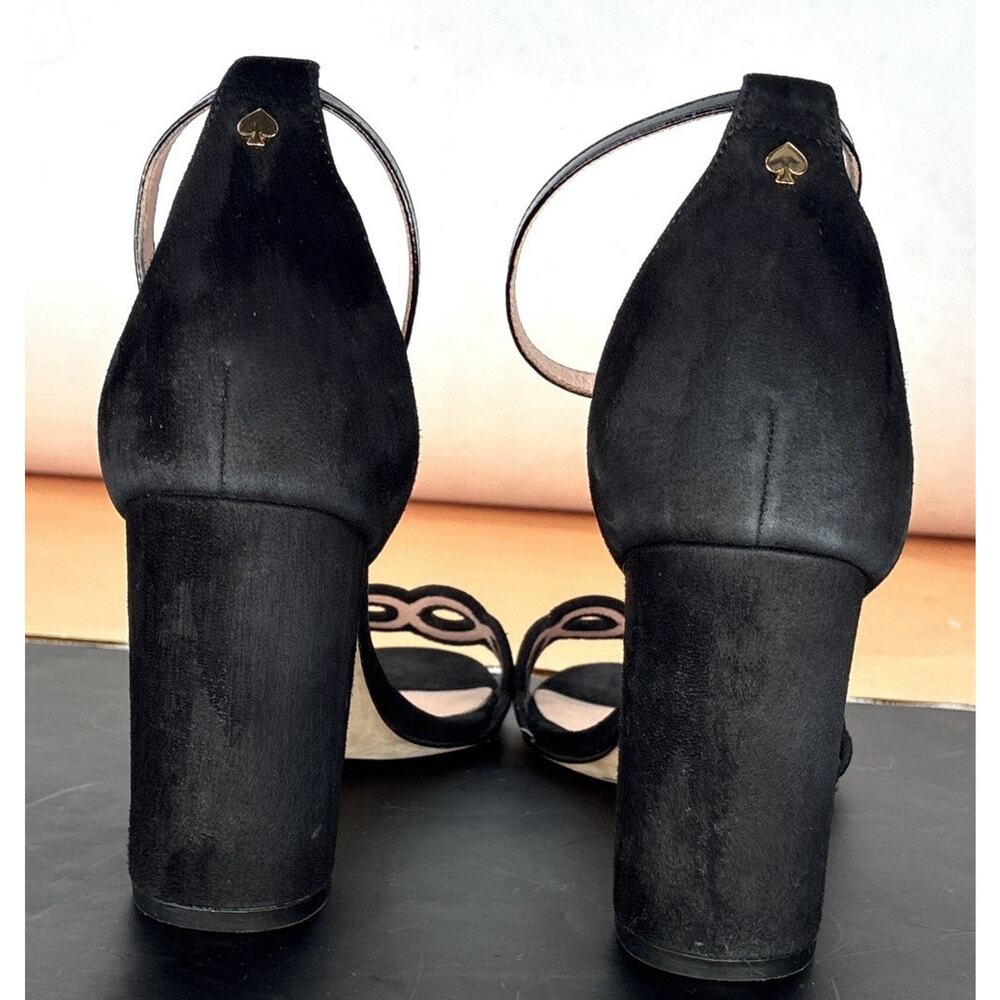 Kate Spade NY Sz 8.5 Blk Suede Caged Scallop Band Ankle Patent Lthr Block Heel - Picture 4 of 7